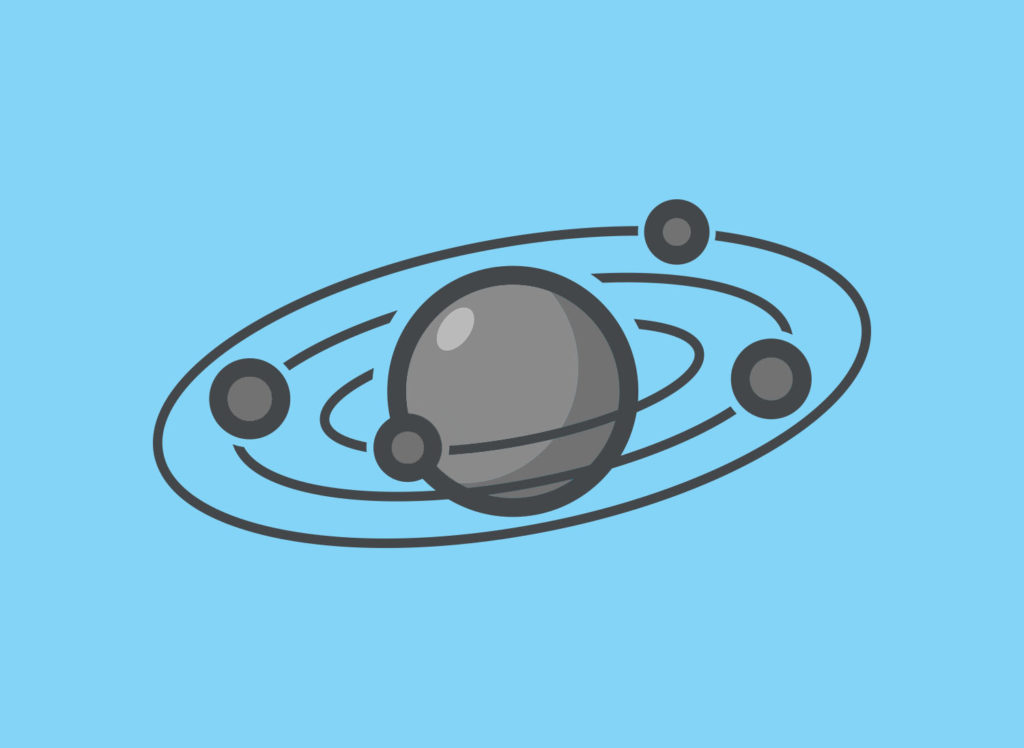 Symbol for solar system in grey on a blue background.